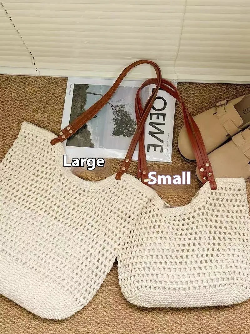 Beige woven cotton linen shoulder bag shown in two sizes with magnetic snap and zipper closure options.