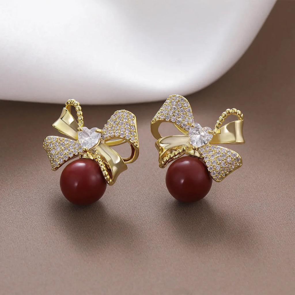 Beizhu Zircon gold plated red colour preserving earrings clip-on style