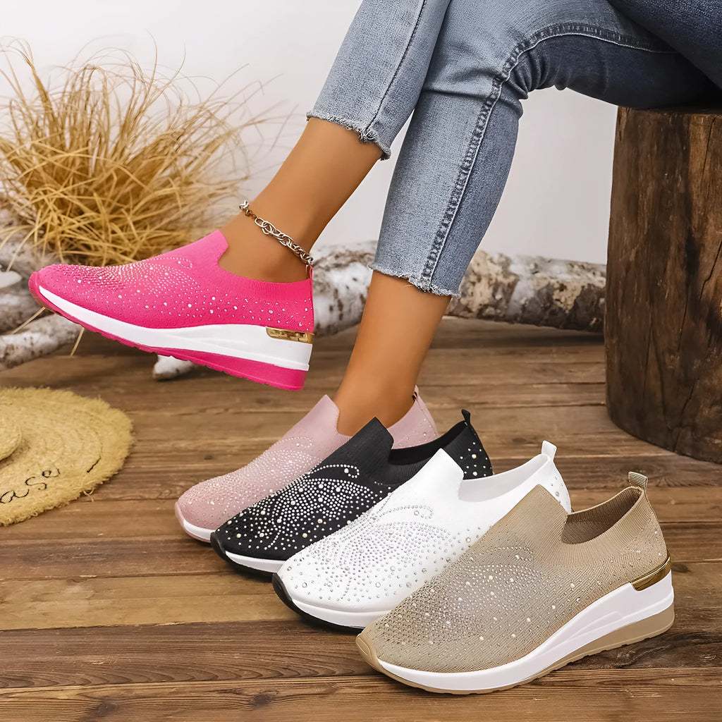 Women's wedge heel pumps with rhinestone detailing, round toe, slip-on design, breathable mesh upper, available in multiple colours and sizes 36-43
