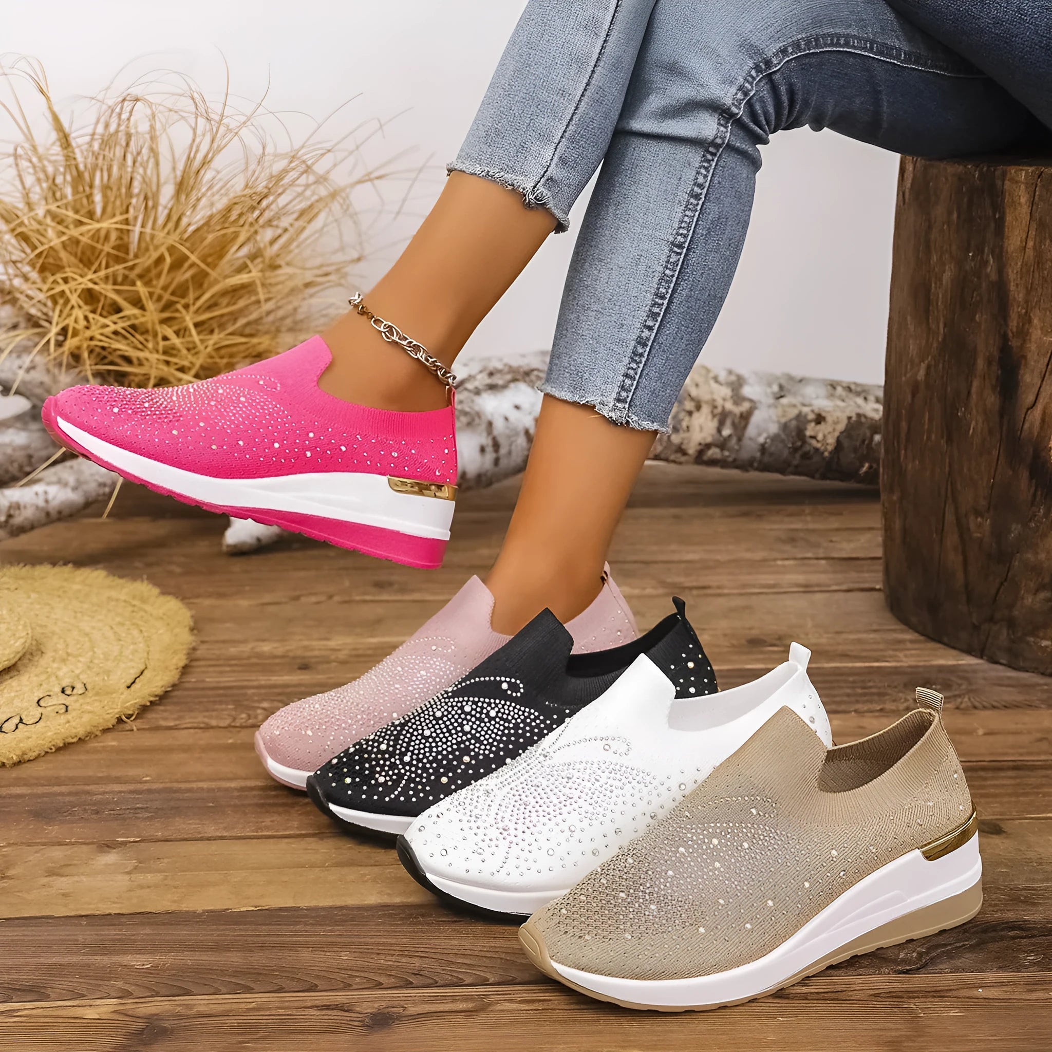 Women's wedge heel pumps with rhinestone detailing, round toe, slip-on design, breathable mesh upper, available in multiple colours and sizes 36-43