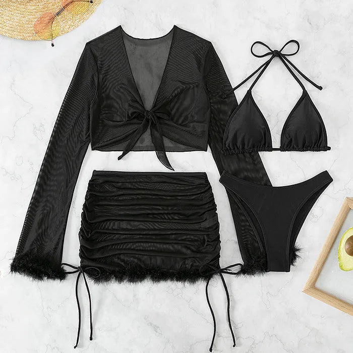 Black women's bikini set with long sleeve top and briefs bottom for swimming