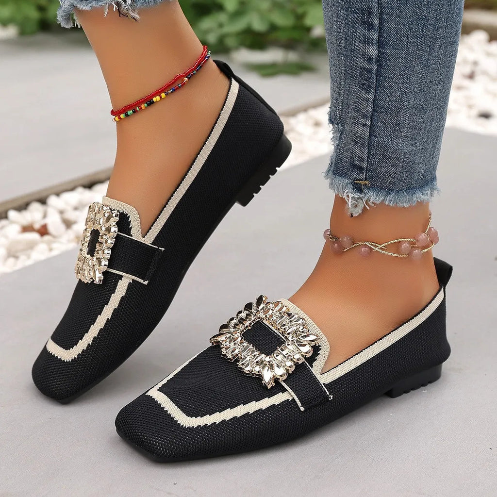 Flyknit slip-on square toe rhinestone flat shoes for women in plus sizes low heel 1-3cm