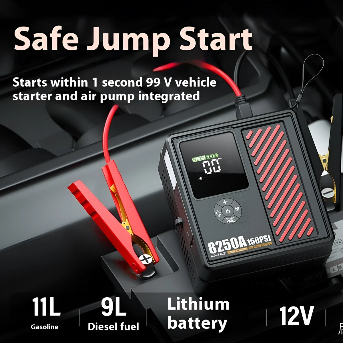 Black intelligent digital display car jump starter with air compressor, 6250A 18000mAh, with clamps and EVA toolbox