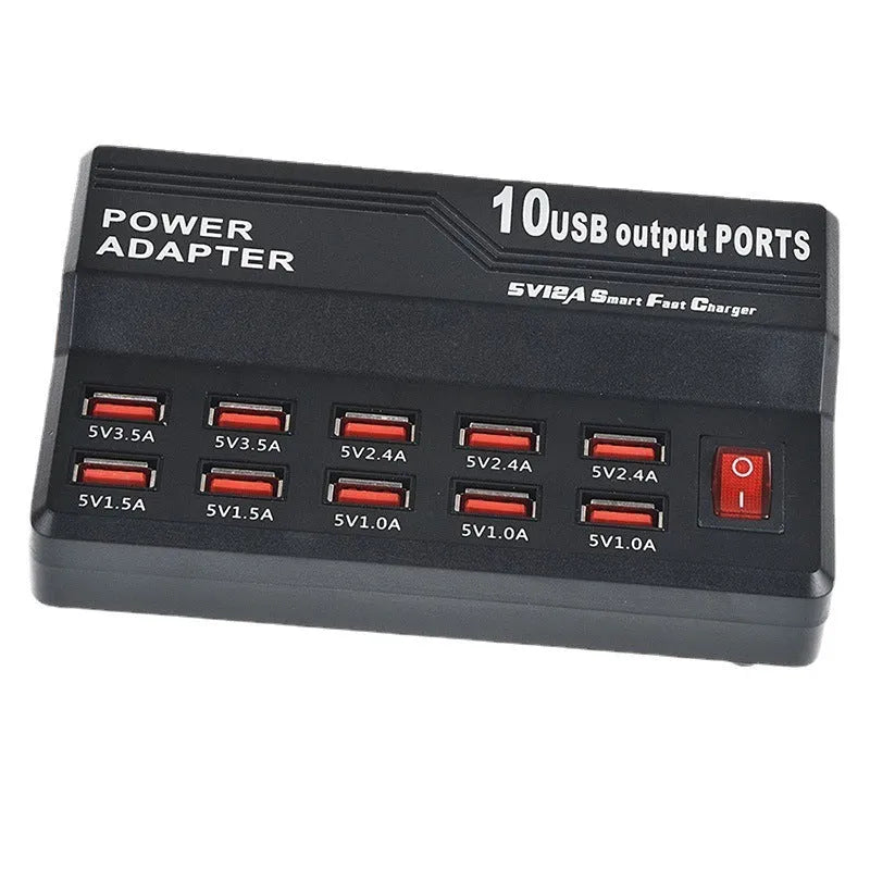 10 Port USB charger power strip in 838 black with multiple cables connected