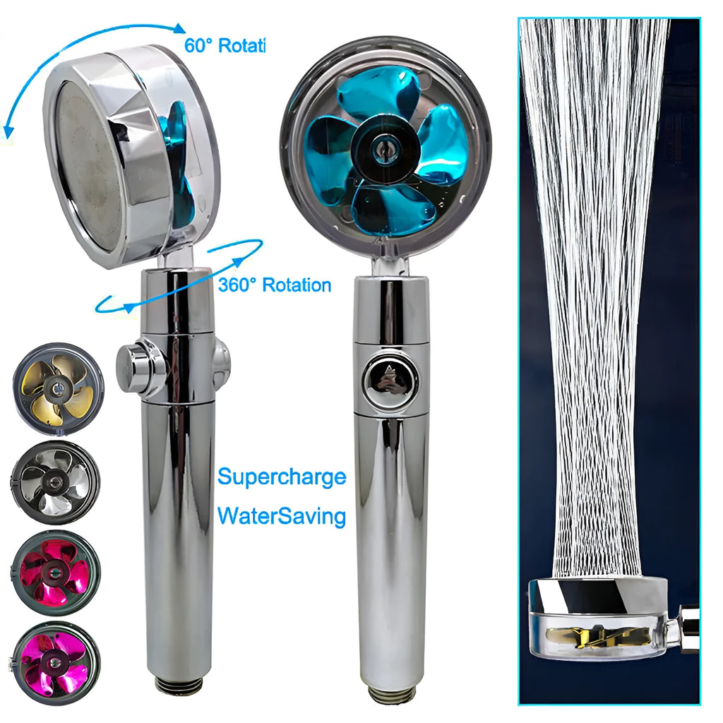 Round chrome and ABS plastic water-saving shower head with a 360-degree rotating nozzle.