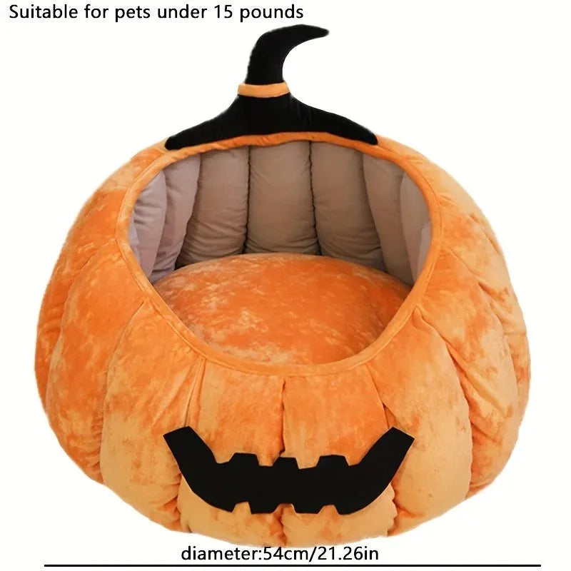 Halloween pumpkin design plush cat bed for cats and small dogs in orange colour.
