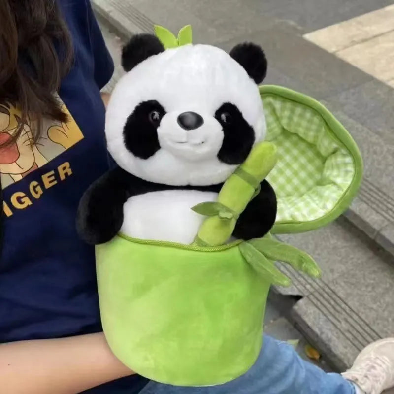 Plush panda pillow holding bamboo stalk, 25cm tall with PP cotton filling