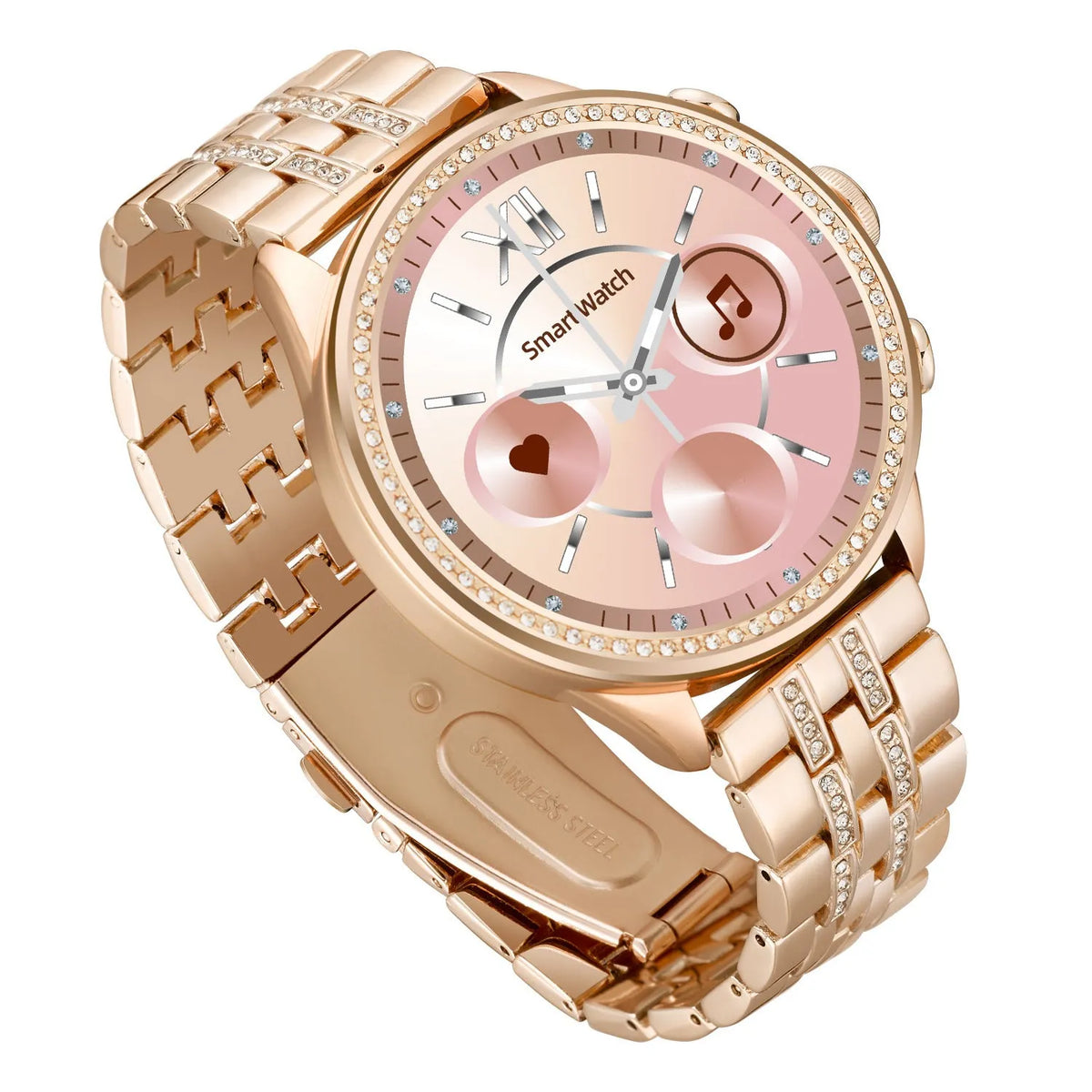 Gold smart watch with TFT screen featuring Bluetooth calling and health monitoring functions on a woman's wrist