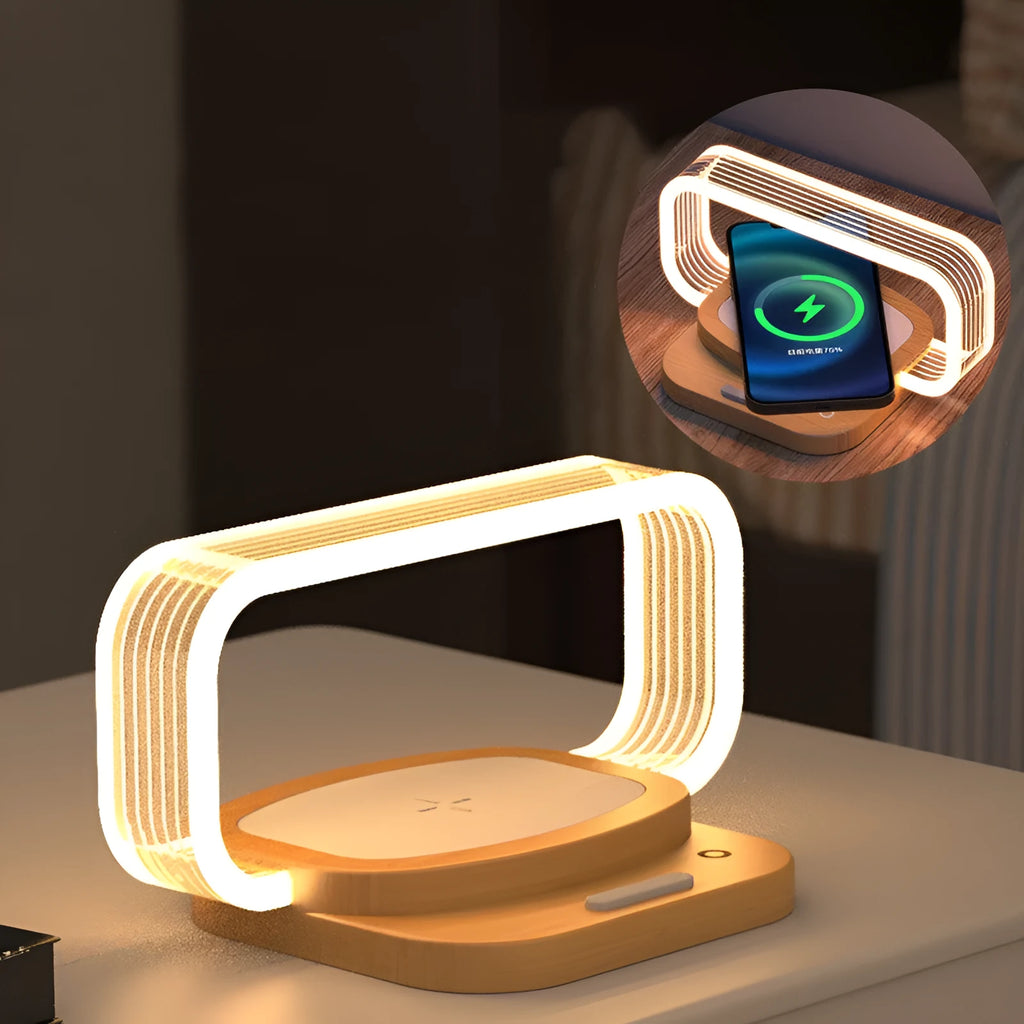 Wooden acrylic small night lamp with wireless charger, 156x105x76mm, USB powered