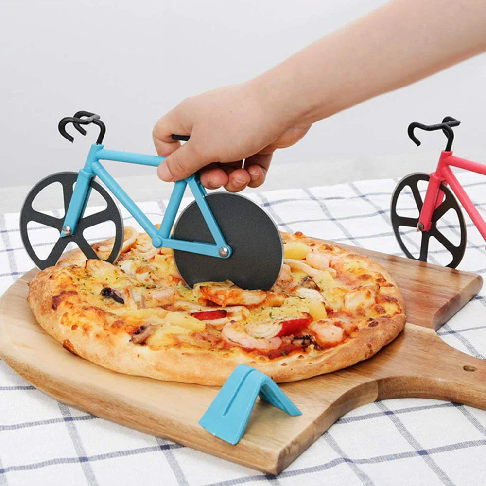 Stainless steel pizza cutter with bicycle-inspired design, featuring a sharp, corrosion-resistant blade and a comfortable one-handed grip for easy slicing of pizzas, breads, and more.