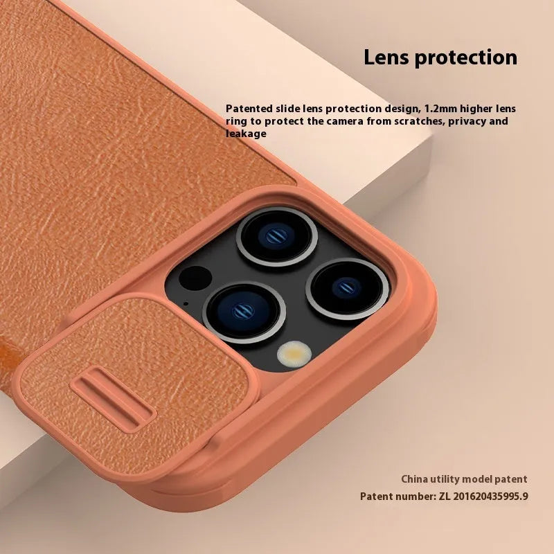 PRO imitation leather flip phone case for iPhone 15 models in black, brown, or red.
