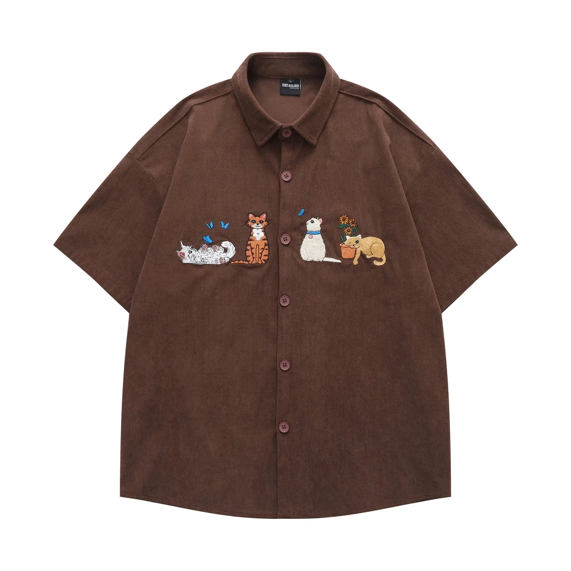 Loose couple shirt with cartoon pattern and embroidery detail in apricot colour