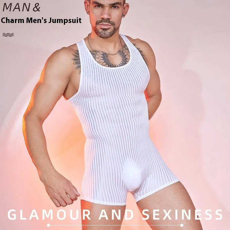 Men's black and white striped nylon jumpsuit, free size, front view