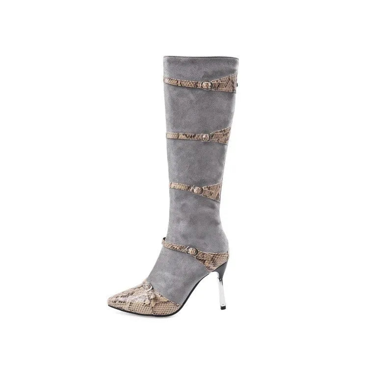 Grey and black women's knee high stiletto boots with a 9cm thin heel and velvet lining