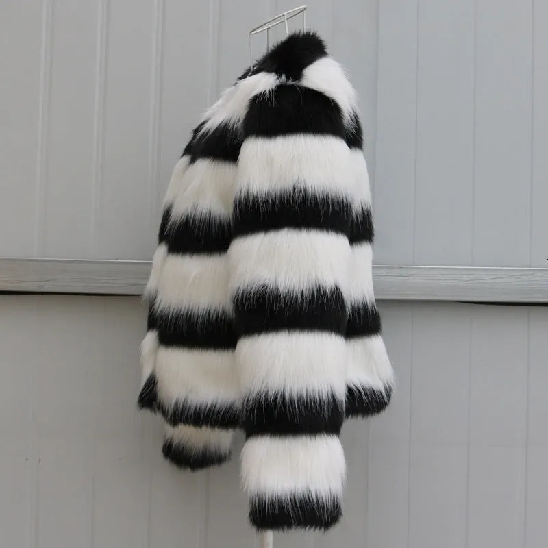 Black and white striped faux fur leather jacket for women, long sleeve street fashion outerwear.