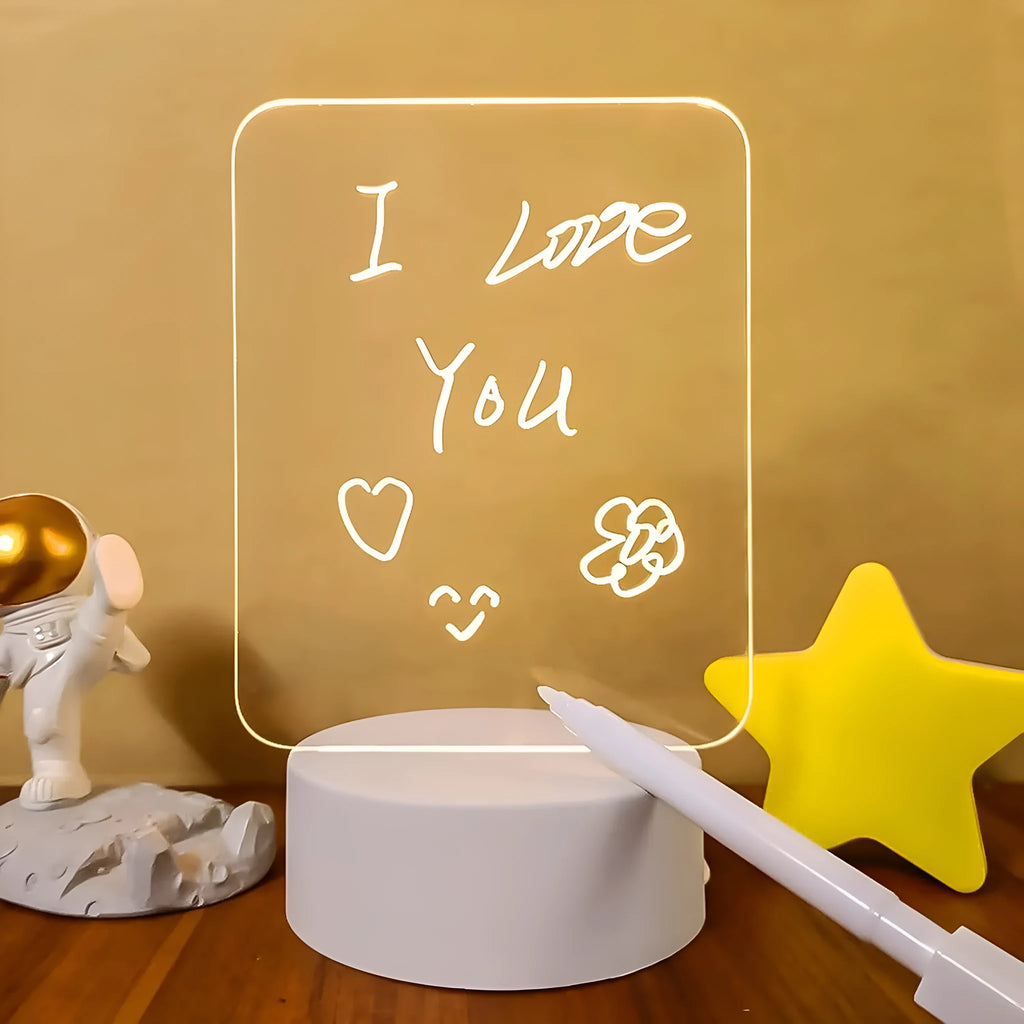 USB-powered message board night lamp showing four acrylic frame sizes on stable ABS base