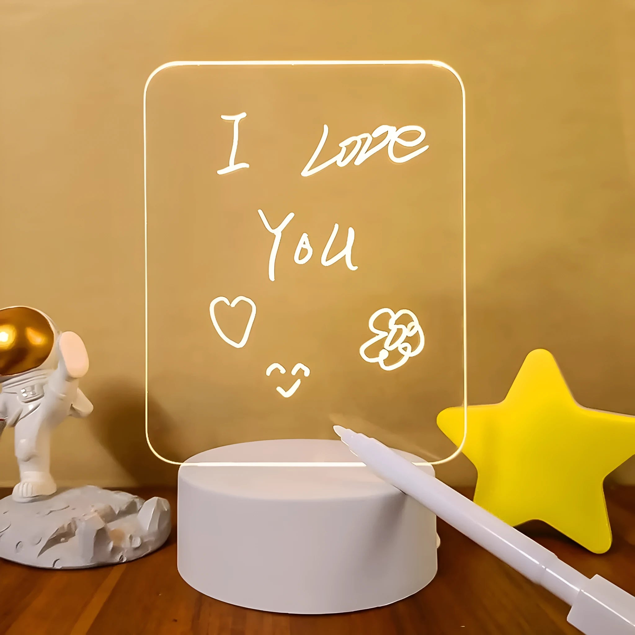 USB-powered message board night lamp showing four acrylic frame sizes on stable ABS base