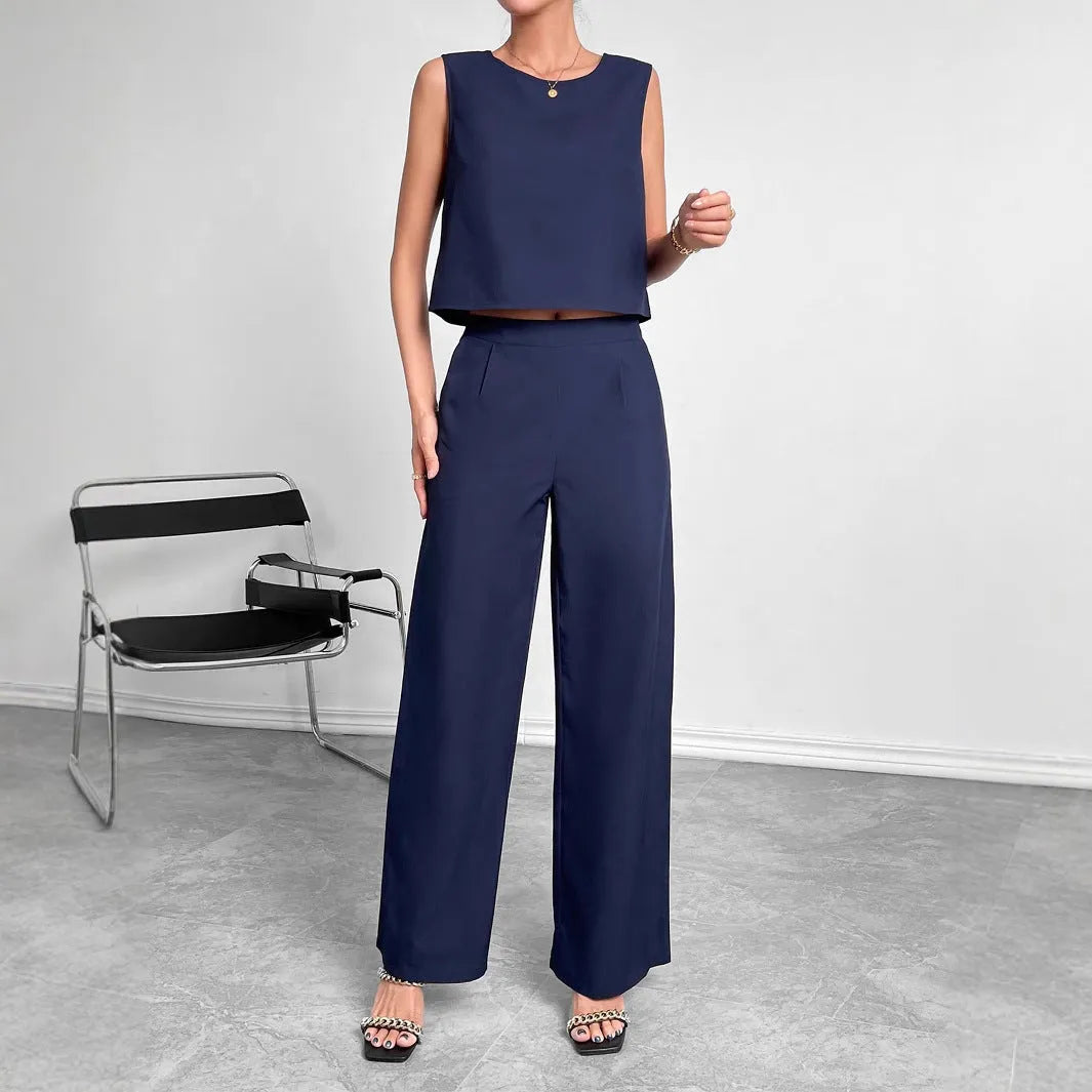 Women's red sleeveless top and wide leg trousers two-piece set