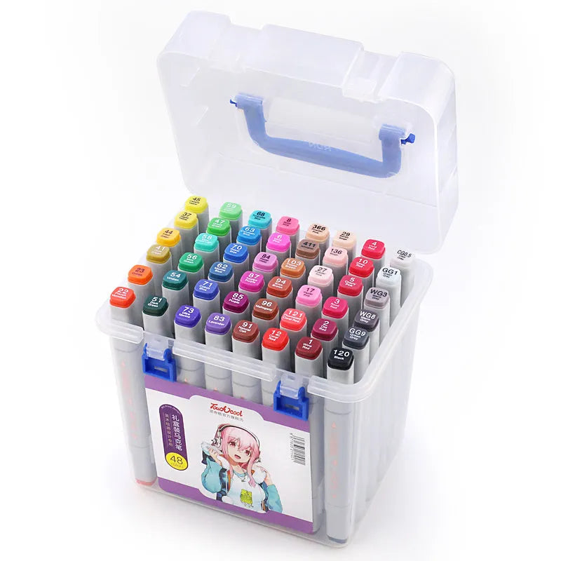 48-colour oily soft-tip marker set with square rods, round and oblique head tips for hand-painted design