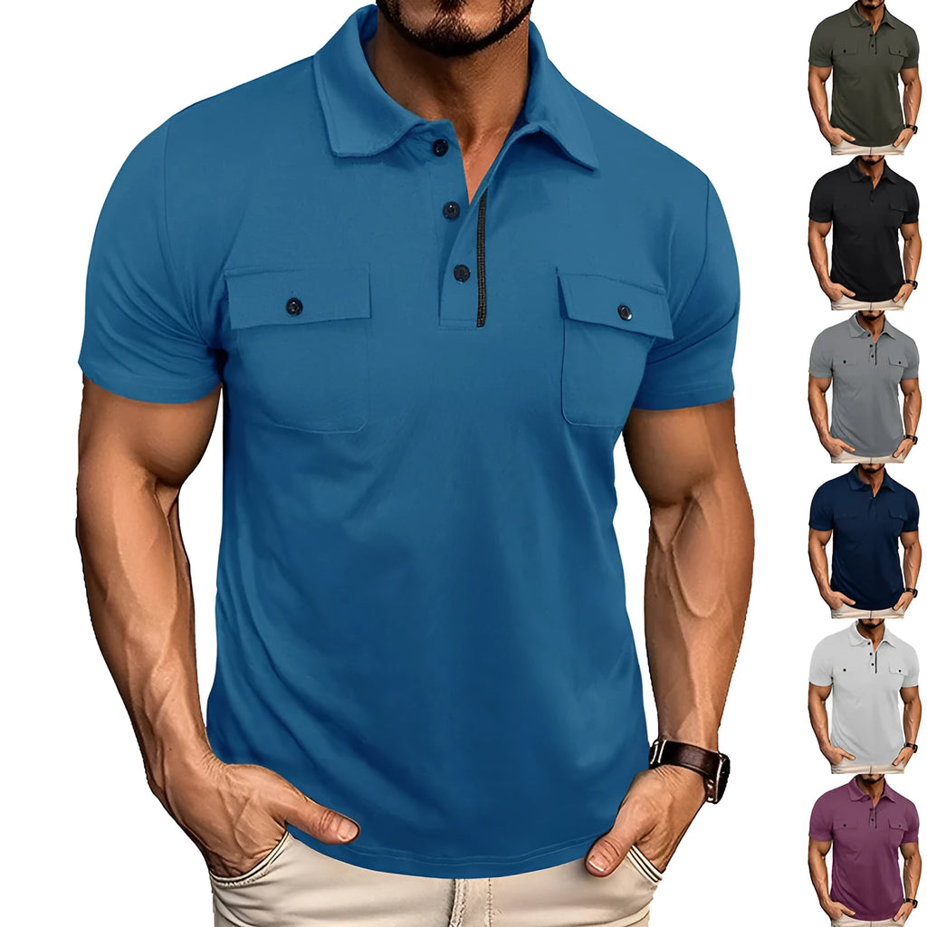 Men's short sleeve polo shirt with lapel collar, button front, and pockets in Army Green