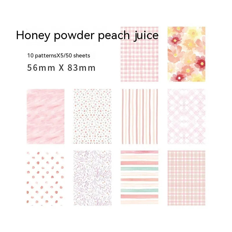 Pack of fifty retro dessert-themed collage note papers in assorted colours, each sheet 56mm by 83mm.