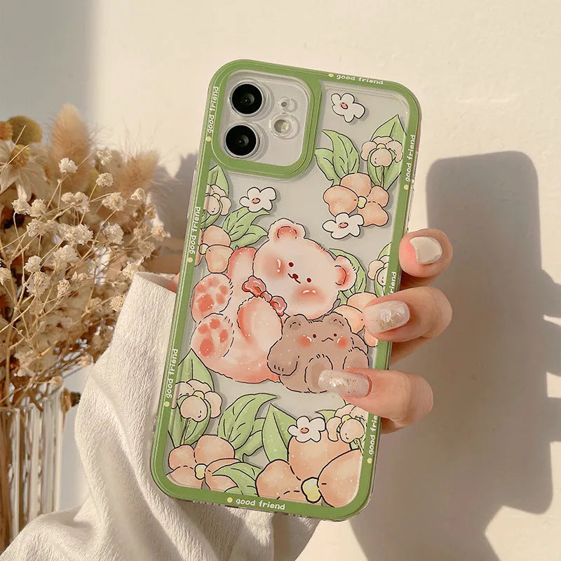 Transparent silicone TPU phone case with hand-painted bear and floral design for iPhone models