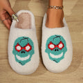 Women's indoor plush thermal cotton slippers with linen upper, non-slip sole, colour Mask Black, on a light indoor floor