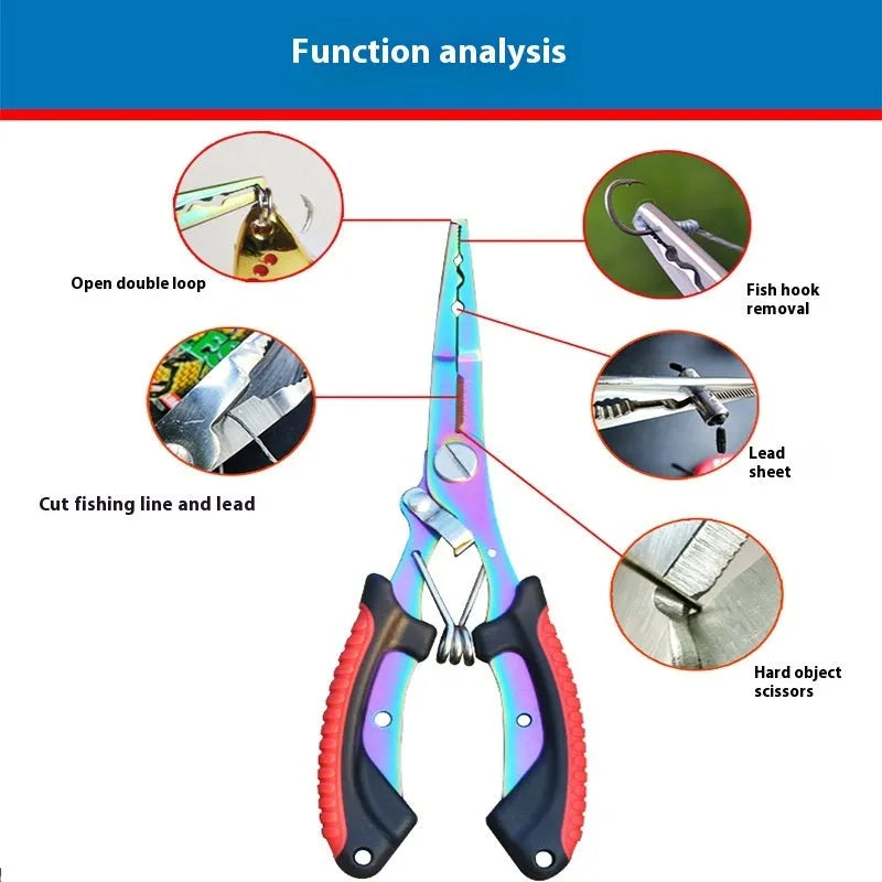 Straight mouth fishing pliers with hook tool, red ABS plastic handle, on a nylon bag with strap.