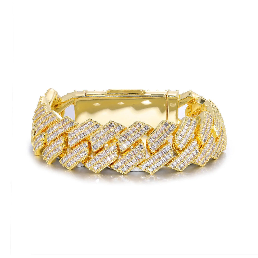 Men's zircon rhombic Cuban chain bracelet, copper with gold electroplated finish on white background