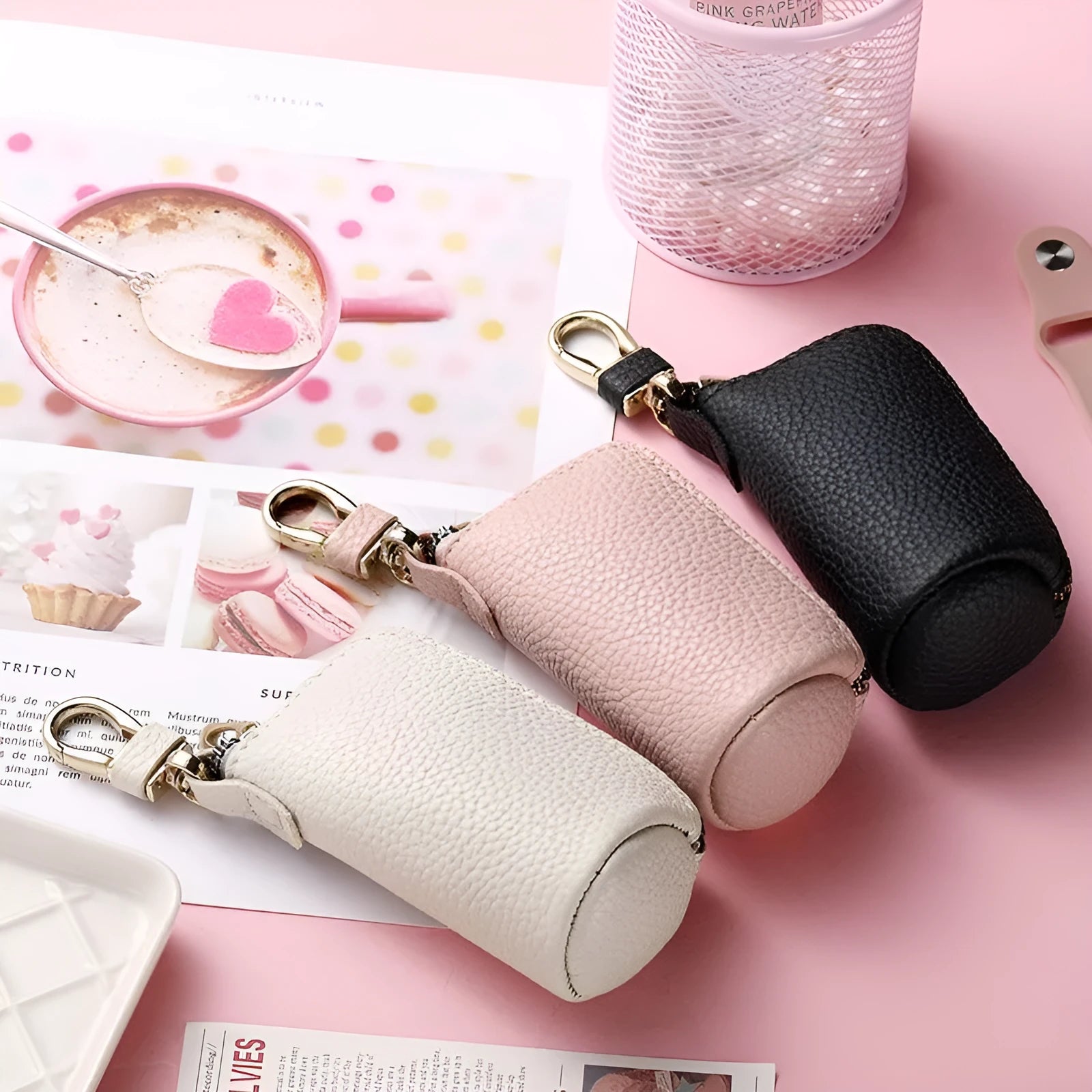 Waterproof PU key case with zipper closure in black, grey, or pink colours