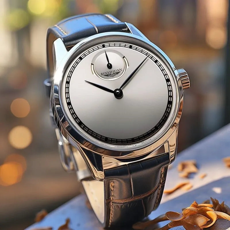 Men's belt style waterproof quartz watch with white dial and brown artificial leather strap on wrist