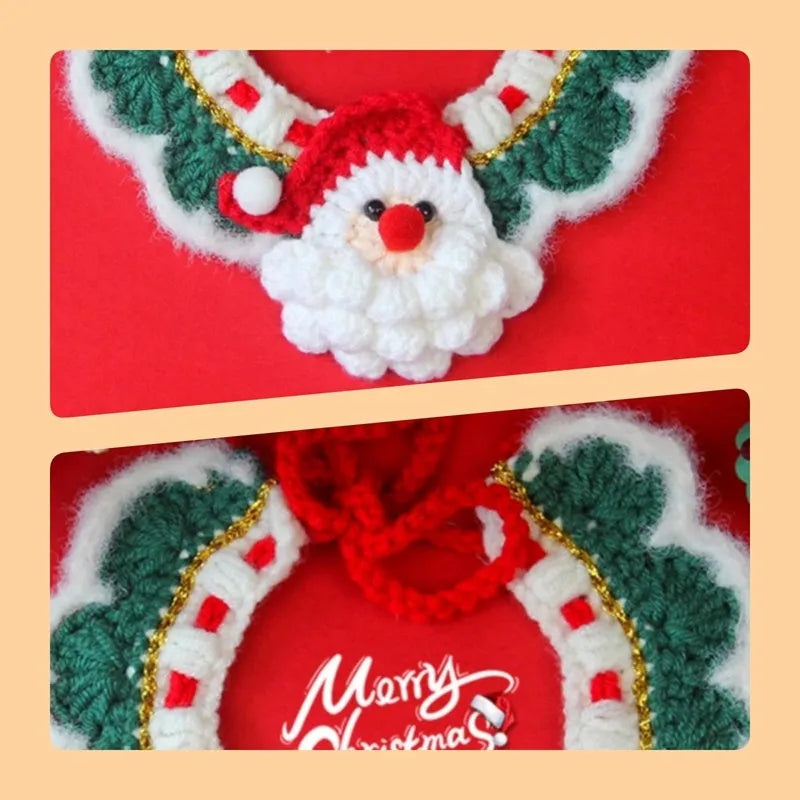 Adjustable Christmas knit pet collar with crochet elk pattern for cats and small dogs, sizes L and M