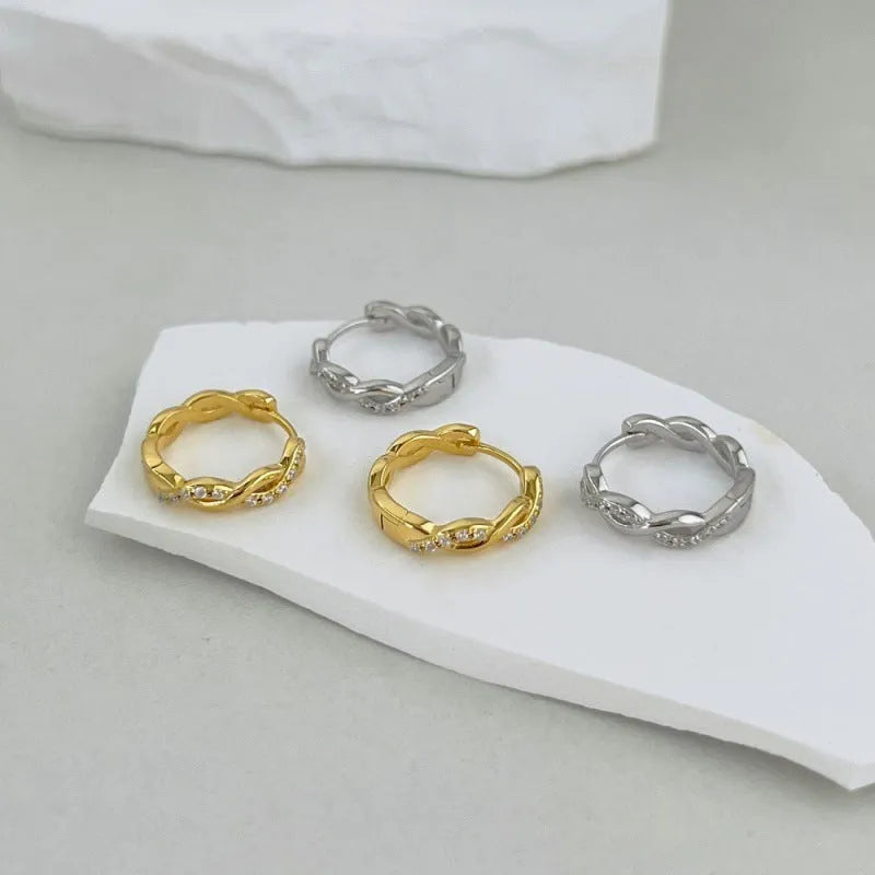 S925 sterling silver earrings with diamonds in hexagon and octagon shapes, electroplated white gold finish