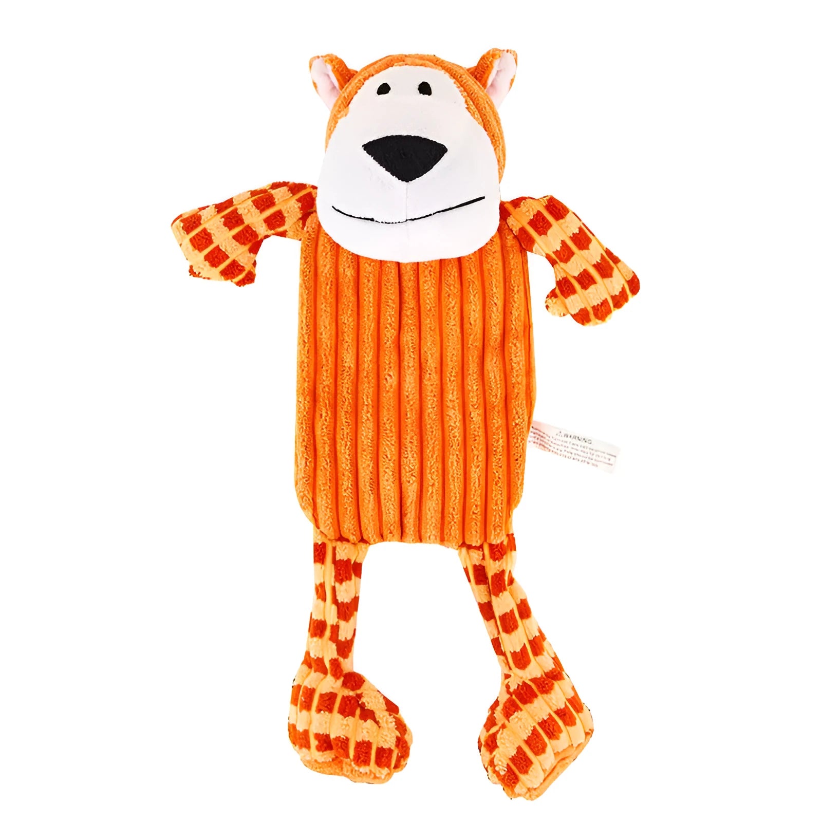 Green and orange plush dog toy with squeaker for aggressive chewing and teeth grinding