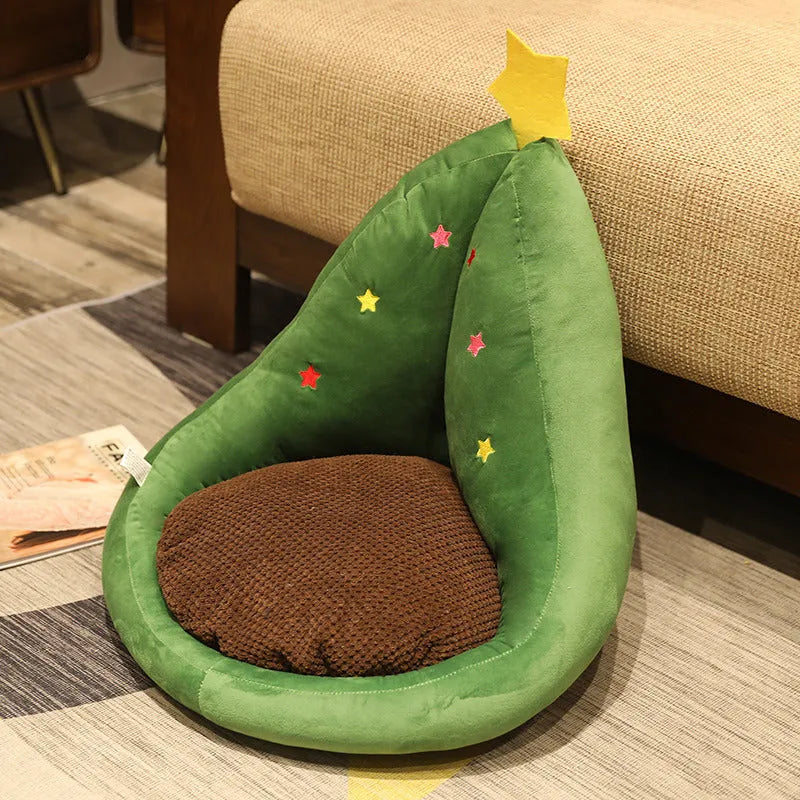 Kawaii plush fruit cushion in avocado colour on a chair, 50x48x45cm, with soft textured cover and non-slip base