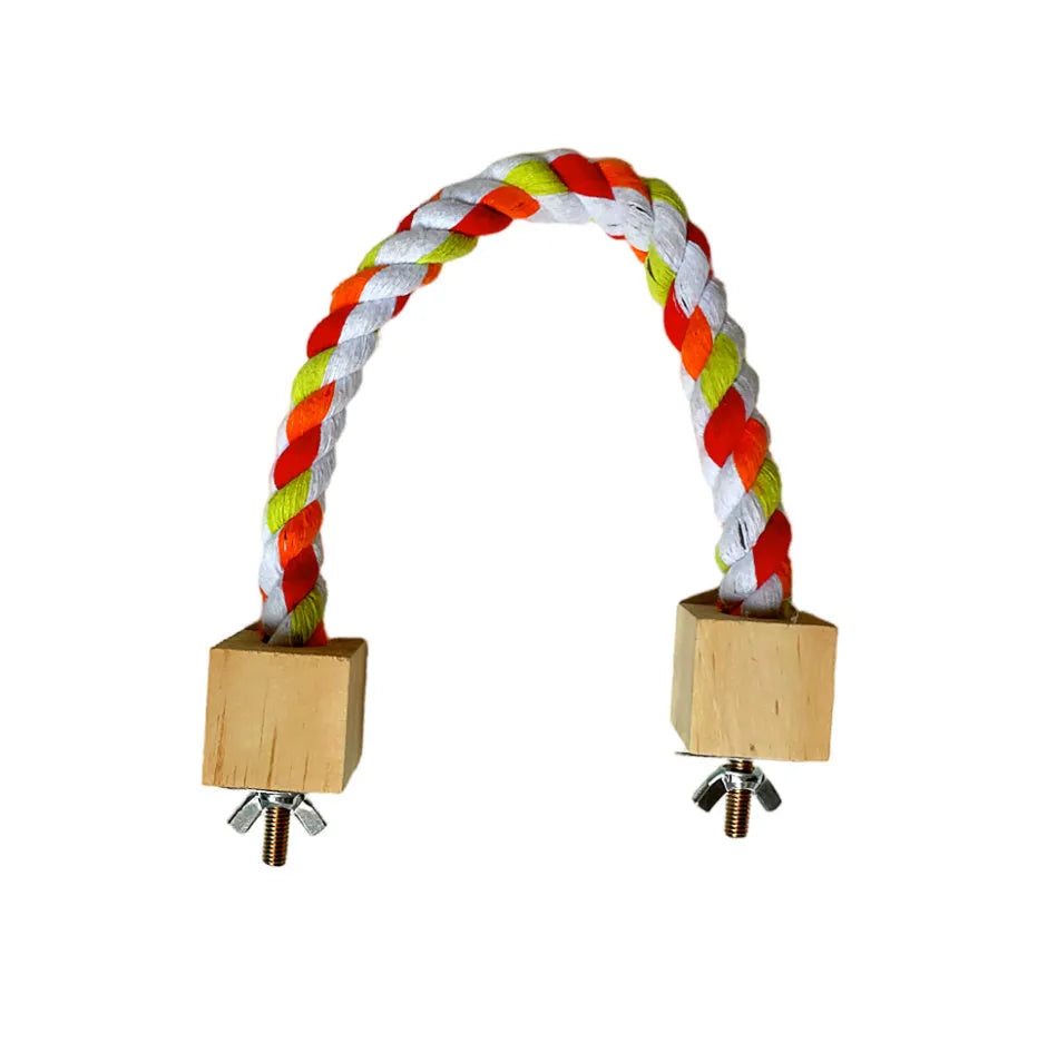 Parrot climbing rope toy with wooden swing rings on natural wood rope, 30-60cm length options