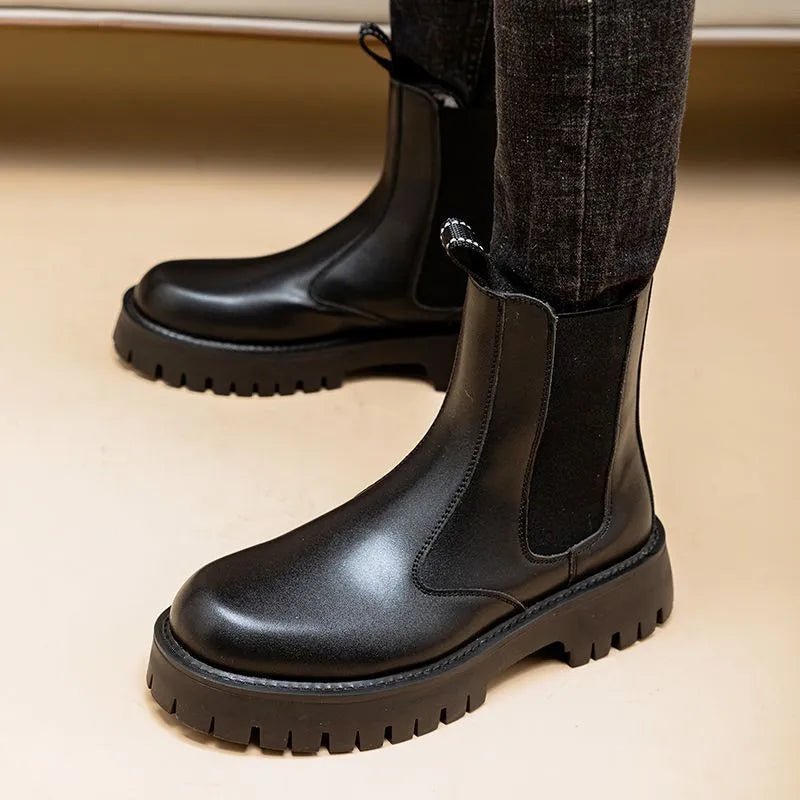 Men's Martin PU leather high-top boots with buckle fastening in black colour