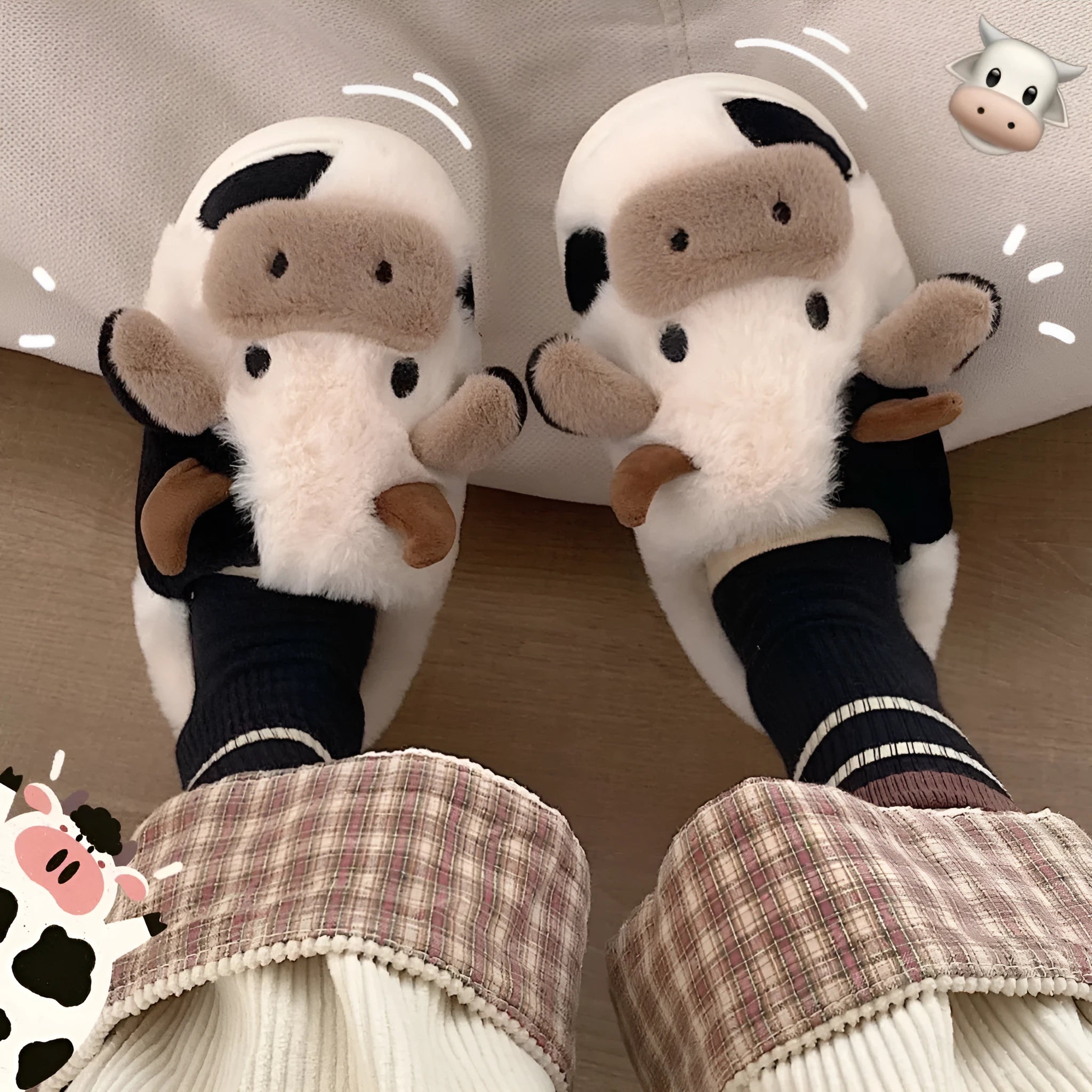 White and coffee cartoon cow slippers for women with plush faux fur and a textured non-slip sole.