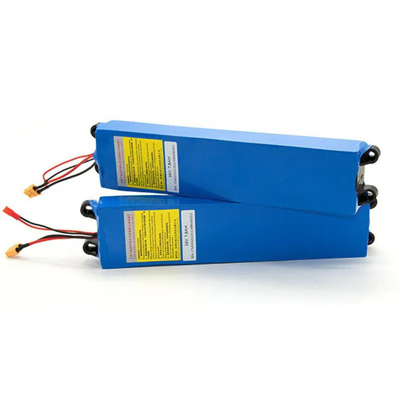 36V lithium battery pack for electric scooters showing three capacity options: 6.6Ah, 7.8Ah and 10.4Ah