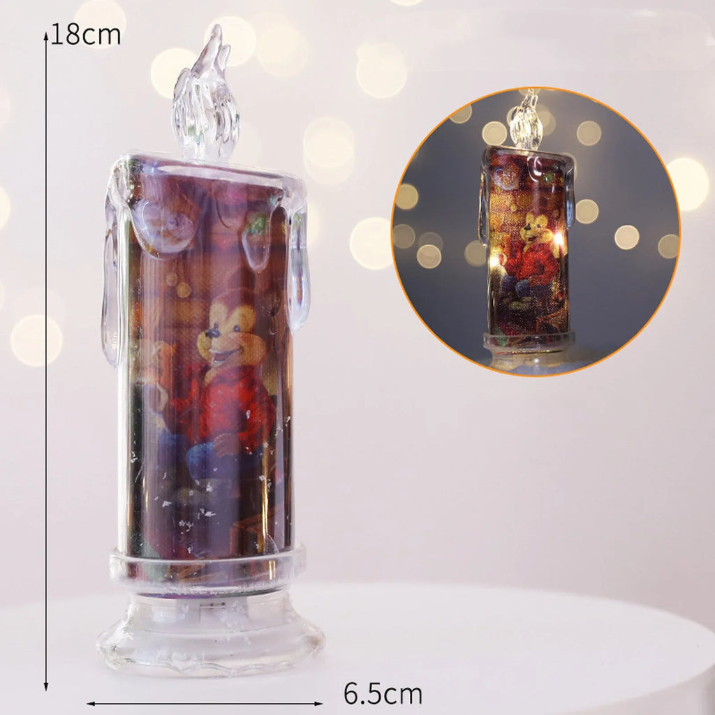 Transparent plastic Christmas electronic candle 18x6.5x6.5cm in snowman, house, magpie, bear or snowflake style