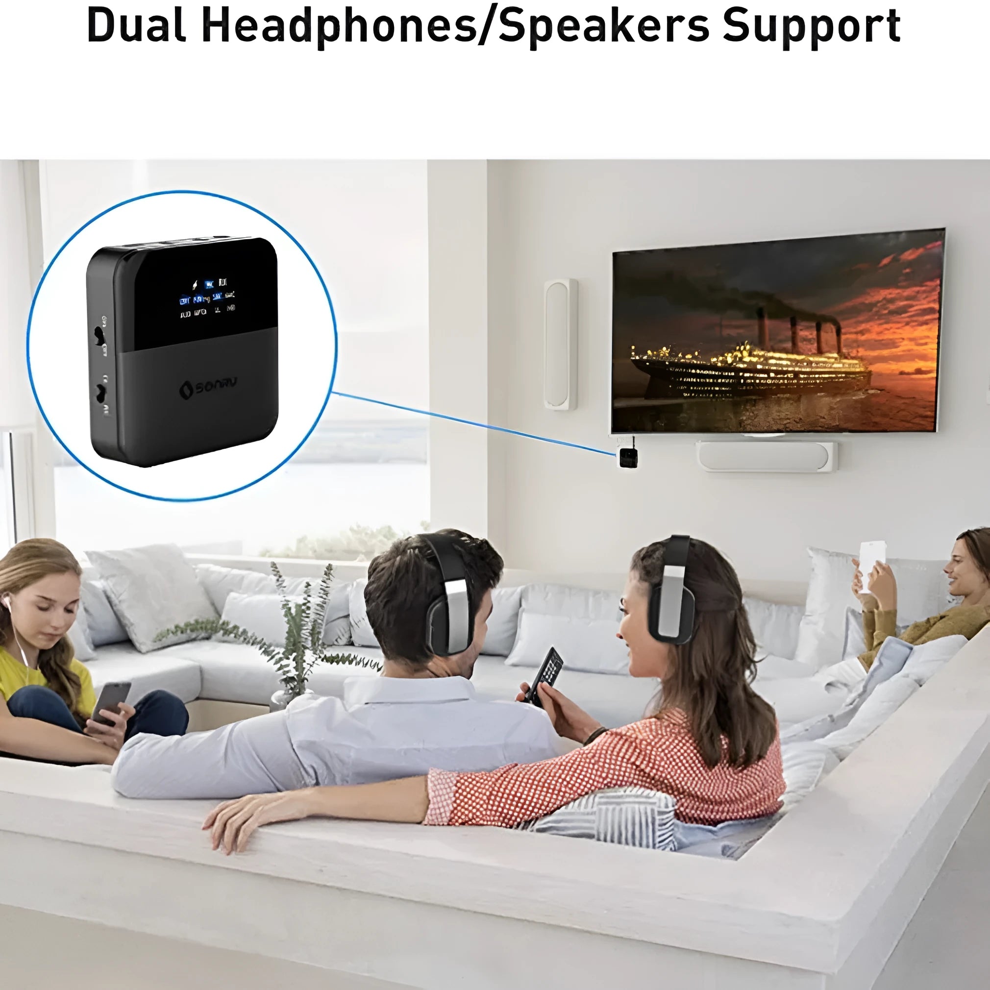 CSR8675 Bluetooth 5.0 adapter receiver in black with Micro USB charging port and AUX input