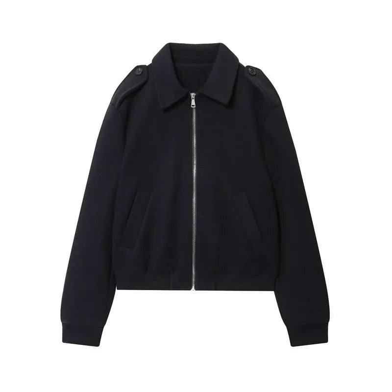 Women's black PU turn-down collar coat with zipper, long sleeves, casual Japanese Korean style