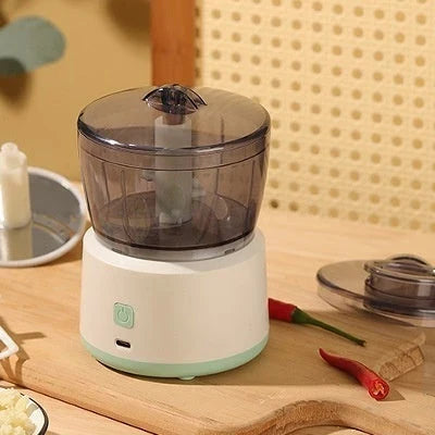 Compact and powerful electric mini meat grinder and food processor with transparent bowl, ideal for chopping, mincing, and pureeing a variety of ingredients