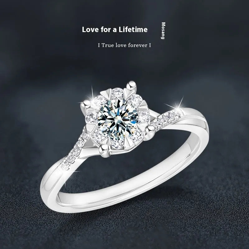Women's silver moissanite ring with four-claw interwoven snowflake ornament in white gold colour size No 7
