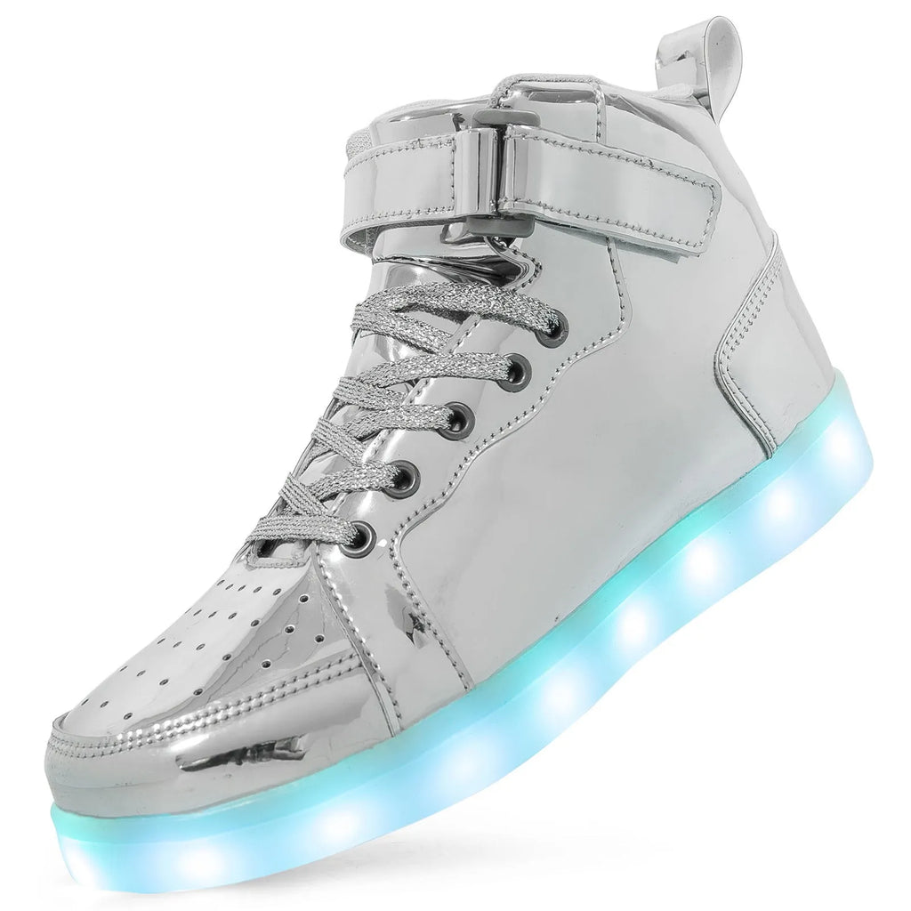 LED light up high-top sneakers in multiple colours on a dark background, showing Velcro strap and illuminated soles.