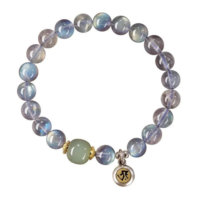 Moonstone birth Buddha bracelet with 8mm bead and Thousand-Hand Kwan-yin mouse zodiac design