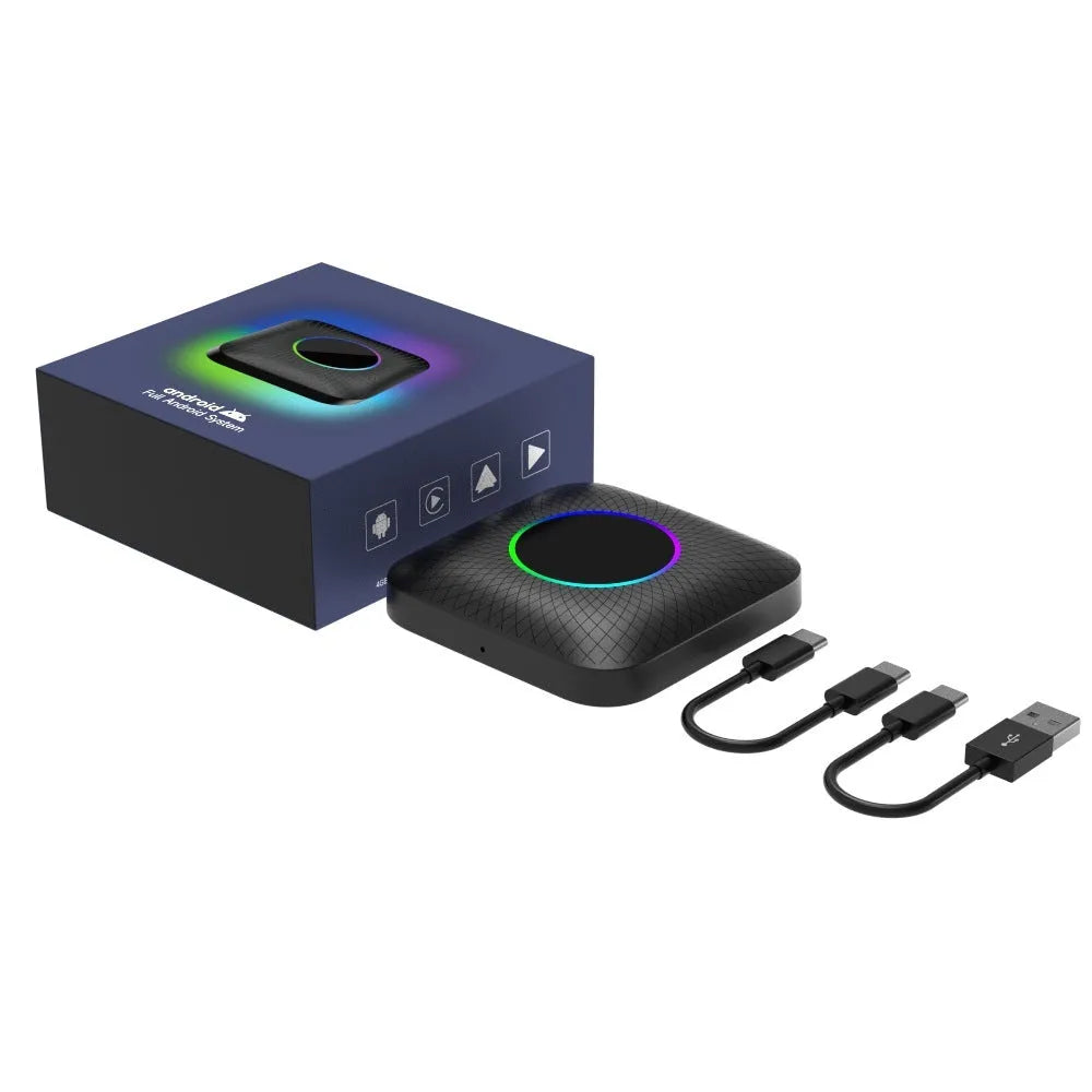 Tbox-Led wireless CarPlay adapter box with Android 13 system, showing compact square design