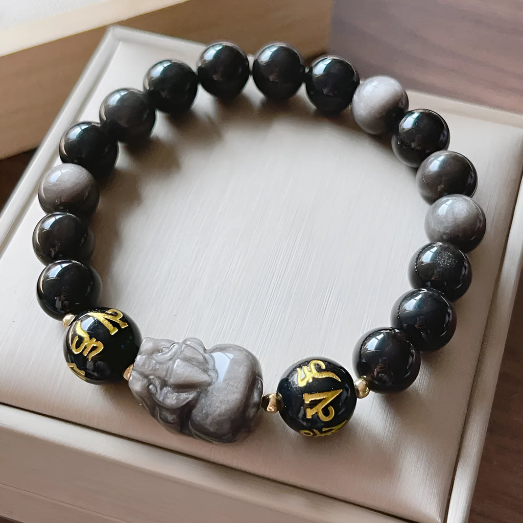Men's silver stone bracelet featuring Chinese zodiac design, anniversary year motif and six-word proverbs bead