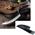 Small scimitar boning knife with hammer pattern finish and black leather sheath on surface