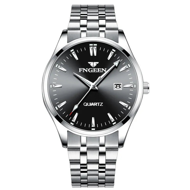 Men's quartz business watch with 10mm case, coated glass mirror, and stainless steel back in black or white steel or leather